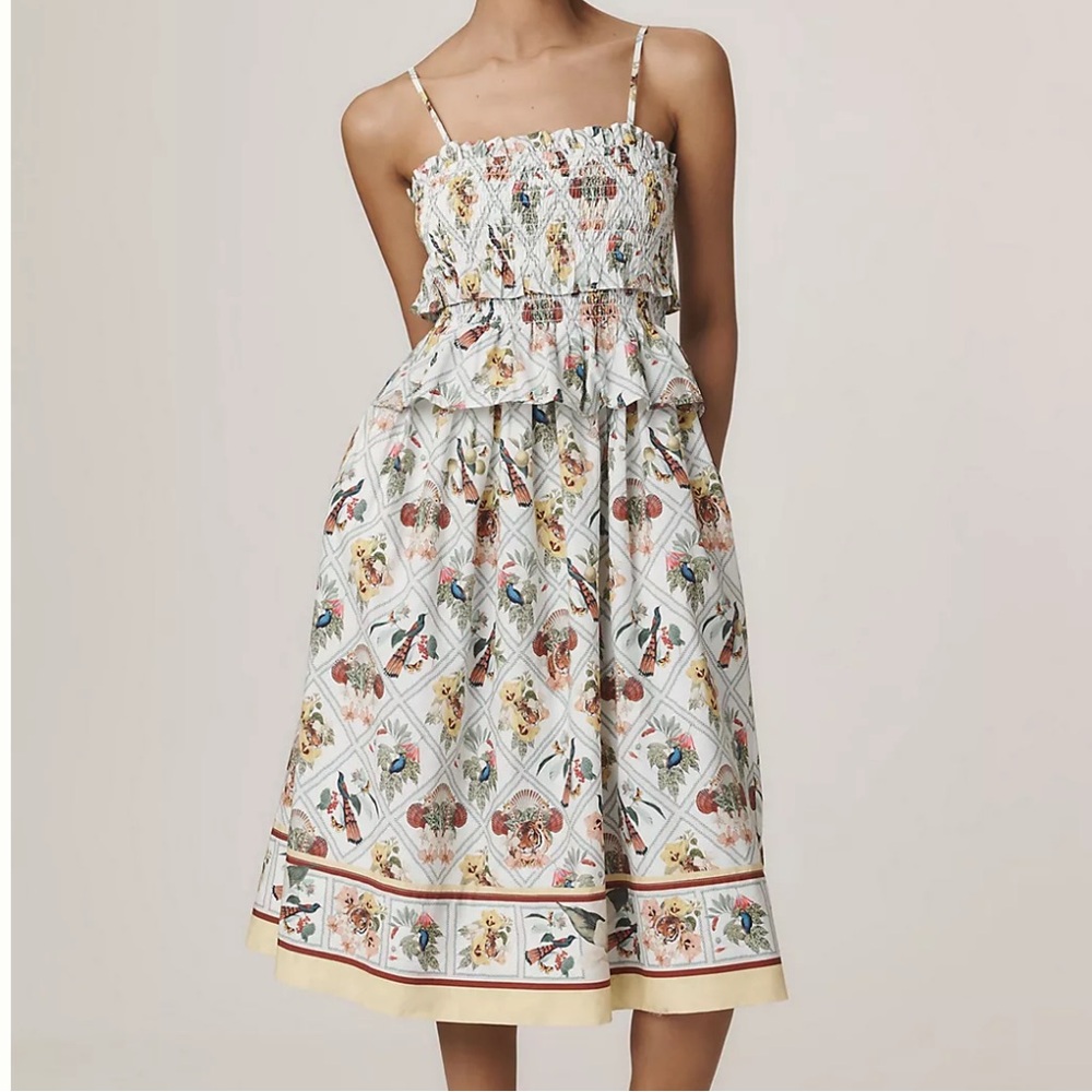 Anthropologie Floral Animal Patterned Smocked Midi Dress